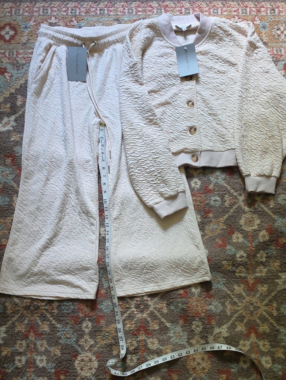 Women's Cream Textured Button Jacket & Wide-Leg Pant Set 2 Size Medium